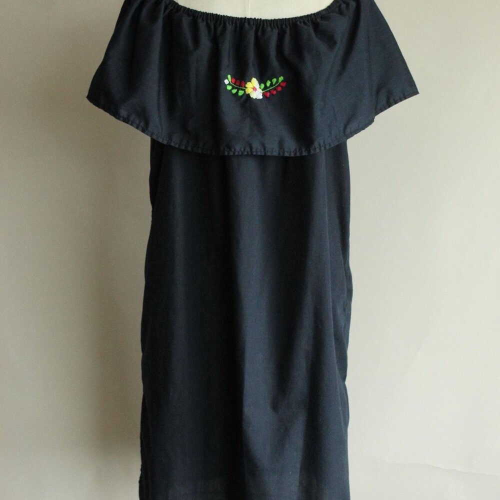 Vintage 1980s 1990s Dress, Volup Navy Blue Mexican Oaxaca Embroidered Floral - Picture 9 of 9